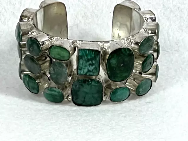 vtg artisan hand made genuine emerald silver filled wide cuff bracelet sz 7/8 2