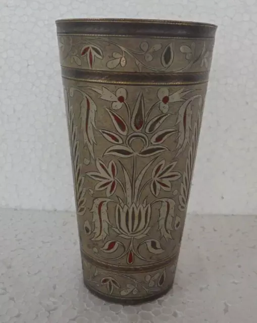 Vintage Brass Handcrafted Fine Floral Inlay Engraved Lassi / Milk Glass