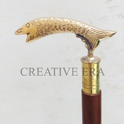 Fish Brass Golden Handle Style Brown Wooden Walking Stick Cane Designer Style