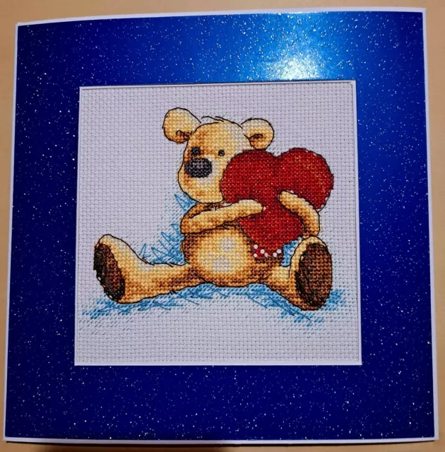 Large Handmade Completed Cross Stitch Birthday/Celebration Card - Bear & Heart