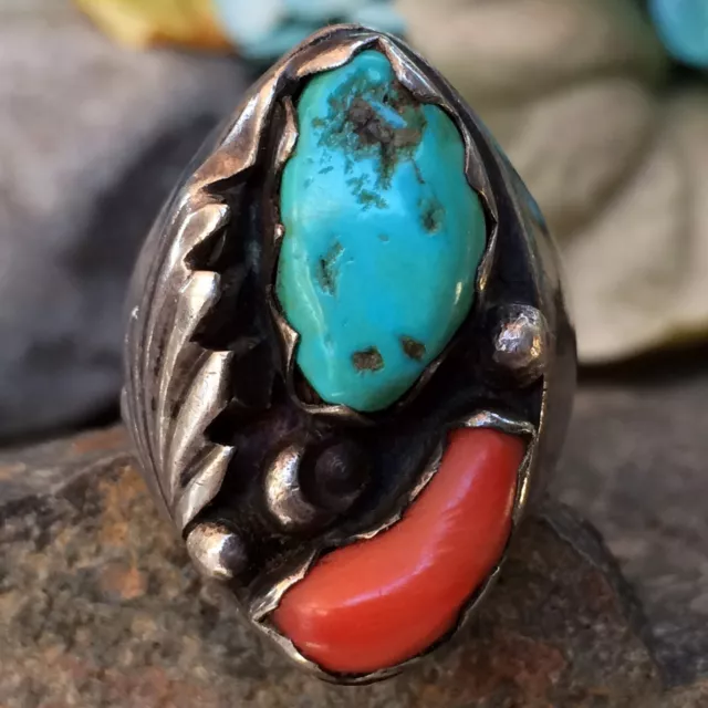 Chunky Native American Navajo Turquoise Coral Sterling Silver Ring Sz 11.5 Wow