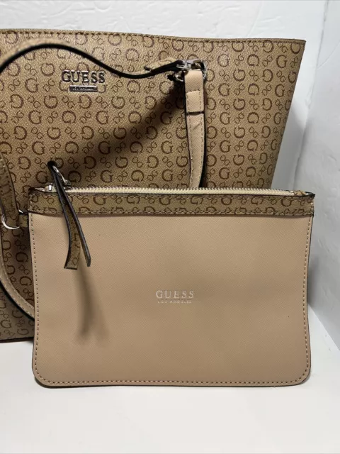 GUESS Bar Harbor Logo  Shoulder Tote Handbag Mocha With Pouches 10”x13” NWT 3