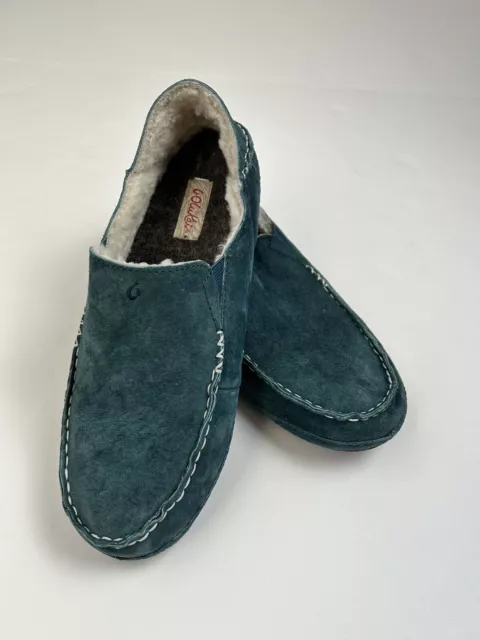 Olukai NoHea Slipper Shearling Leather Suede Shoes Women's 9 Loafers Teal