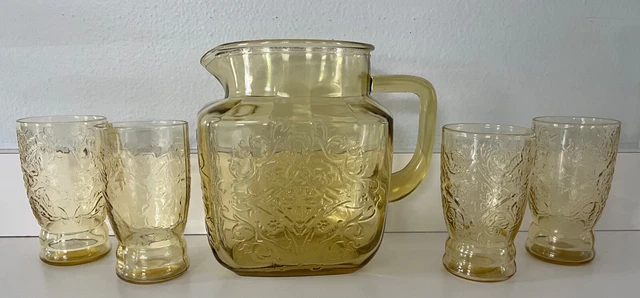 MADRID Amber Juice Pitcher & Four (4) Juice Tumblers - Depression 1932 - 36