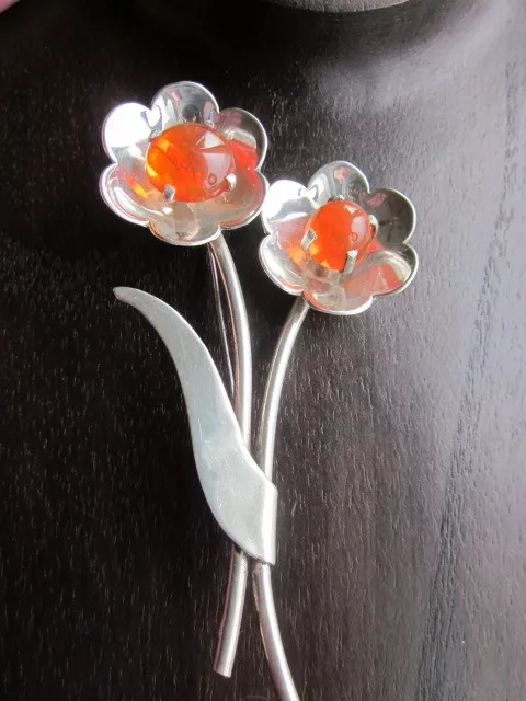 SALE 3 3/4" Vintage (Signed CAT) Mexican Sterling Orange Stone Flower Brooch