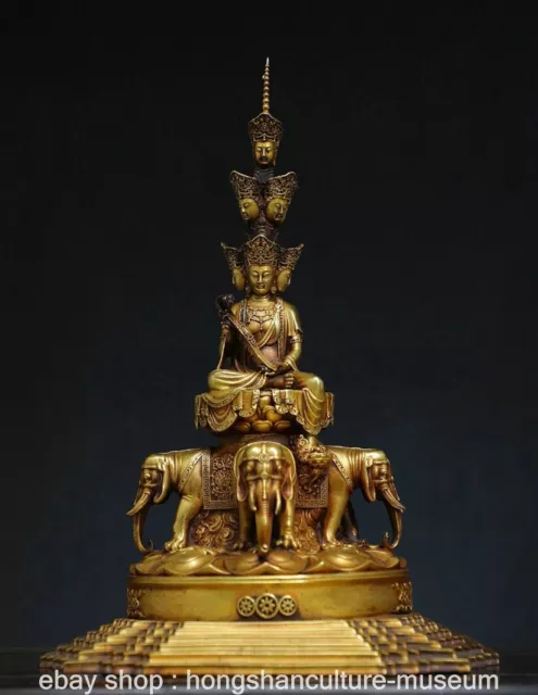 10.4& OLD CHINESE Copper Gild Buddhism 3 Head ride elephant Buddha ...
