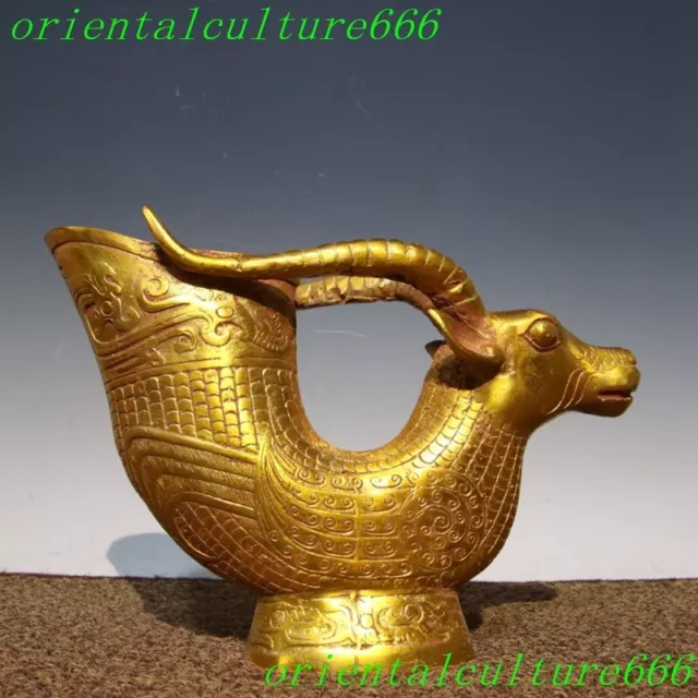 9.6"dynasty Bronze ware gilt Feng shui wealth sheep goat goblet wineglass cup