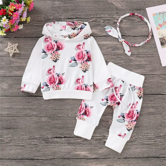 Newborn Kids Baby Girls Floral Outfits Hooded Tops Pants Set Clothes Tracksuit