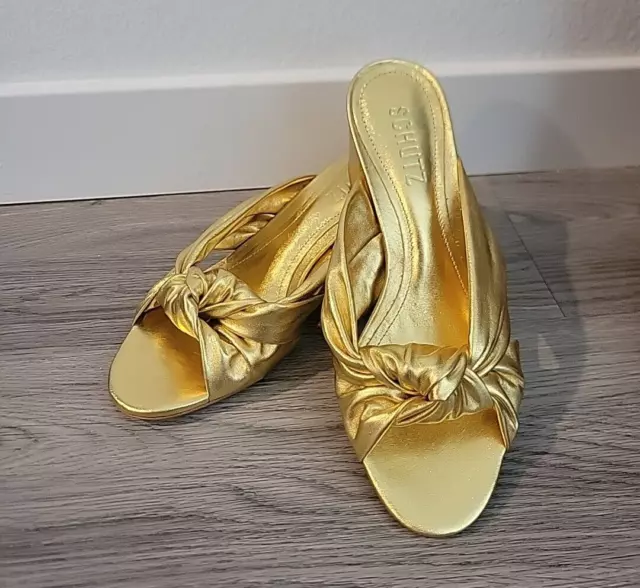 Schutz Women Mindy Mid-Block Gold Metallic Leather Slip on Mule Sandals Size 7 B