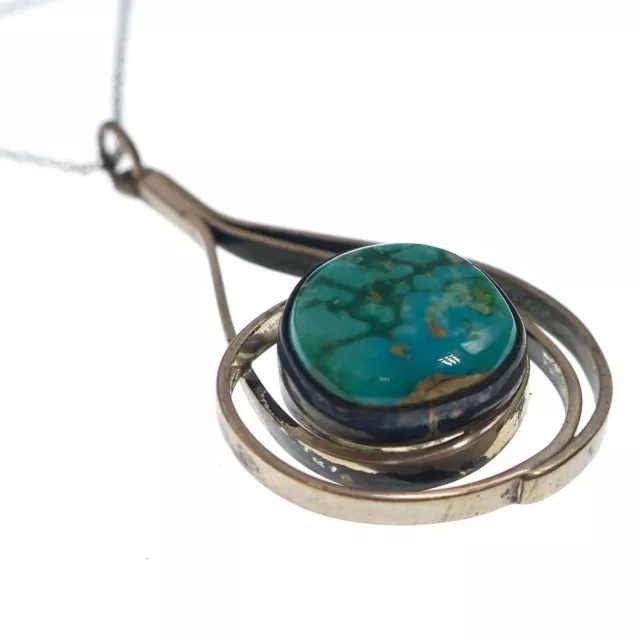 Mid Century Modern Sterling Silver Turquoise Pendant with Link Chain