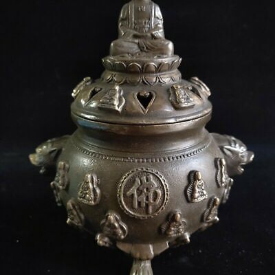 Old Chinese bronze copper handcarved Buddha incense burner Xuande Mark