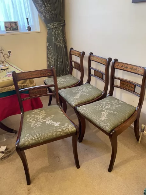 Mahogany Regency Chairs Sabre Legs Maple Green Oriental Upholstery x 4