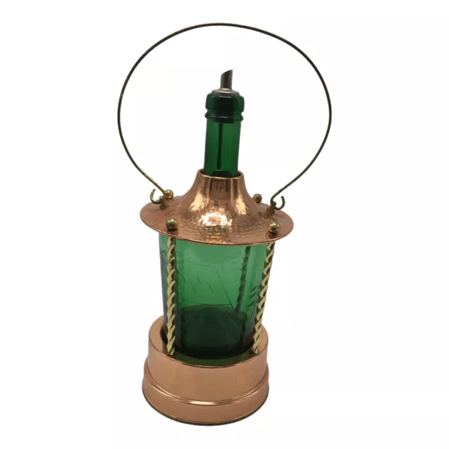 Vintage Etched House Green Glass German Musical Decanter Copper Lantern