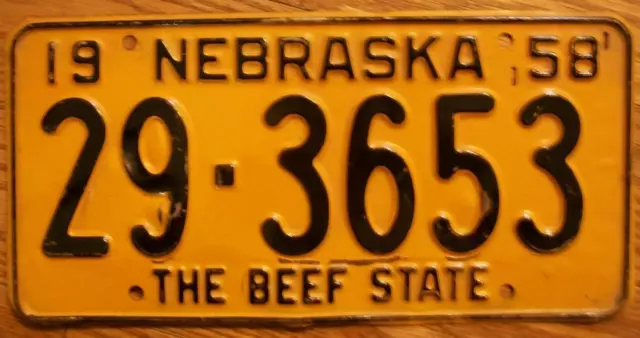 Single Nebraska License Plate -1958- Washington County -29-3653- The Beef State