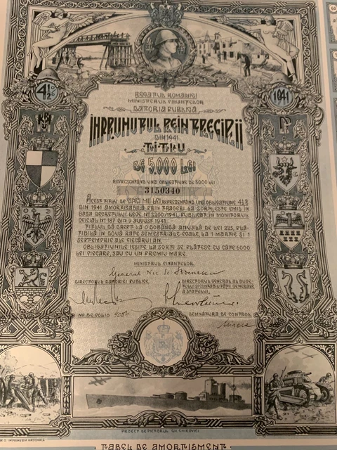 Romania: IMPRUMUTUL REINTREGIRII 4 1/2% War Bond 1941 (5,000 Lei) Uncancelled+Cp