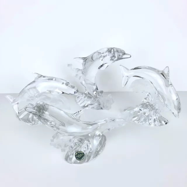 LENOX 4 Crystal Dolphin Figurines Germany Clear Frosted Glass Waves Vintage 90's