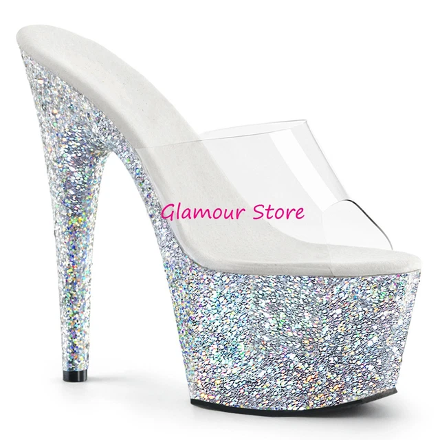 Sexy SANDALI GLITTER ARGENTO tacco 18 plateau dal 35 al 42 sabot scarpe GLAMOUR