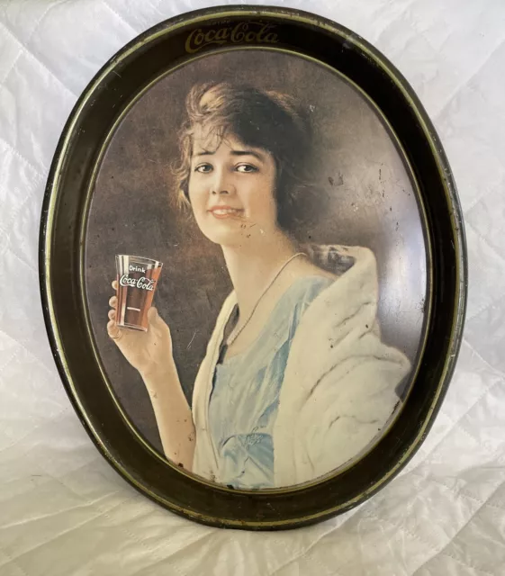 Vtg 1970's COCA-COLA Metal Tin Serving Tray 1920's Woman Flapper Collector Oval