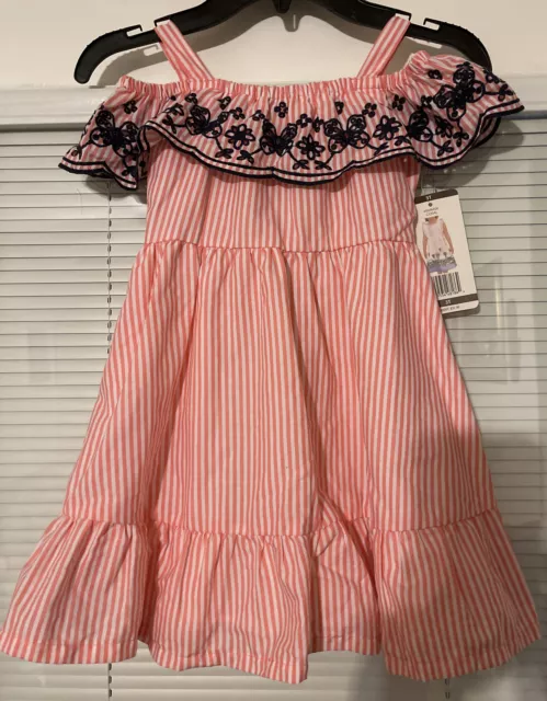 NWT Penelope Mack Coral/Navy Striped Dress with Ruffles Sz 3T