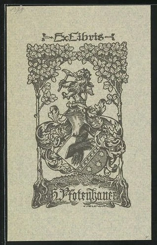 Exlibris Herrmann para H. Pfotenhauer, escudo de armas león y patas cortadas