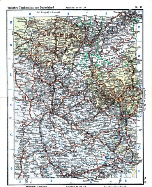 Saar Trier Luxembourg Metz Nancy Mosel 1931 orig Eisenbahnkarte Merzig Saarlouis