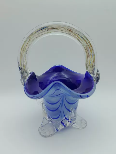 Murano Art Glass Basket/Vase Cobalt Blue/White Swirl Cased Glass 14cm Tall