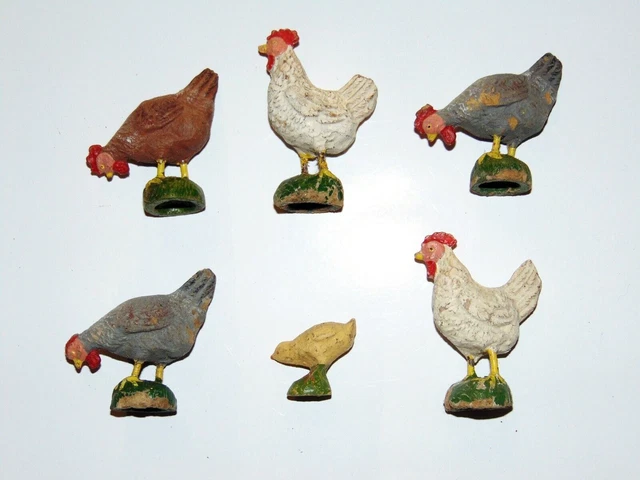 6 x alte Masse Figur - Hühner Küken - für Bauernhof