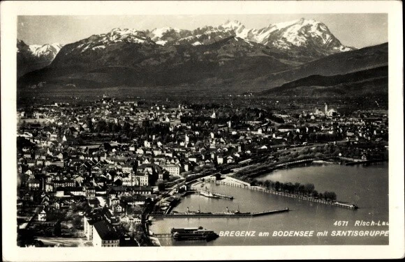 Ak Bregenz am Bodensee Vorarlberg, Totalansicht mit Säntisgruppe - 3842561