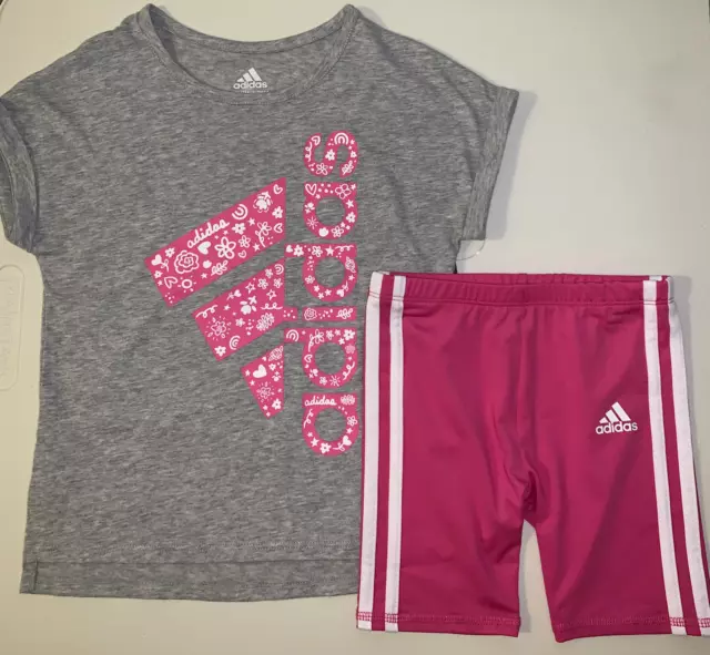 Adidas Little Girls 2 Pc Outfit 3 Stripe Bike Shorts Logo Shirt Set Size 4