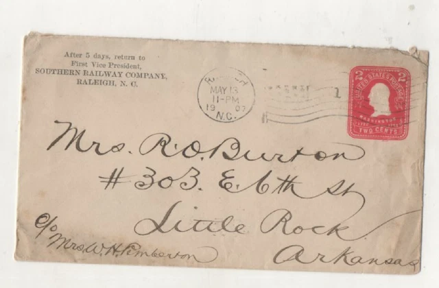 Southern Railway Company Raleigh, North Carolina  Posted Envelope 1907