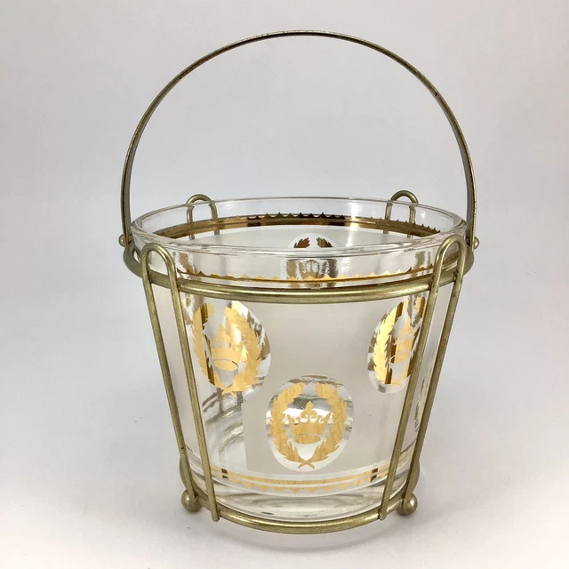 VINTAGE LIBBEY ICE Bucket And Caddy Frosted Gold Crown and Laurel G