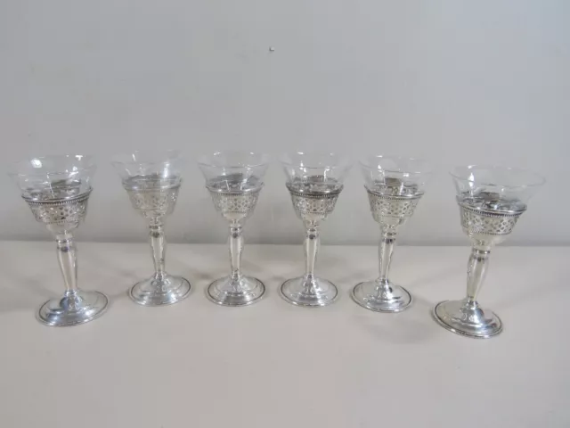 Set of 6 Cartier Sterling Silver w/Etched Glass Inserts 4'h Wine/Cordial Glasses