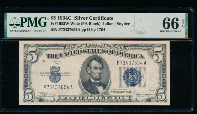 AC 1934C $5 Silver Certificate PMG 66 EPQ P-A block Wide Face Fr 1653 GEM