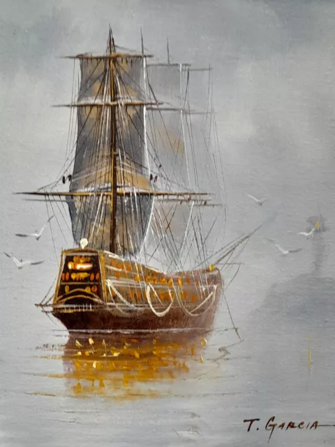 1960s/70s Seascape Oil Painting Of A Ship Emerging From The Mist By T Garcia.