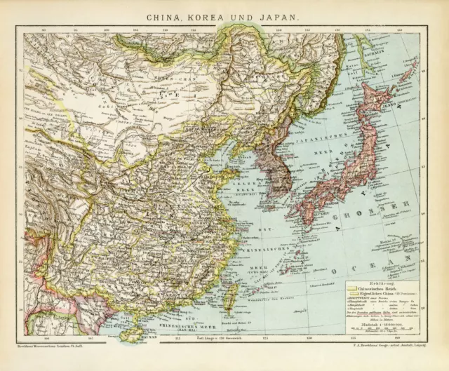 China Korea Japan Taiwan Mongolei historische Landkarte Lithographie ca. 1892