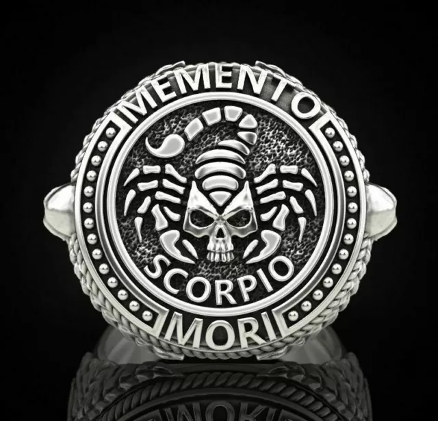 'Memento' Mori Tête de Mort Zodiaque Scorpion Signe 925 ARGENT Oxydé Homme Bague