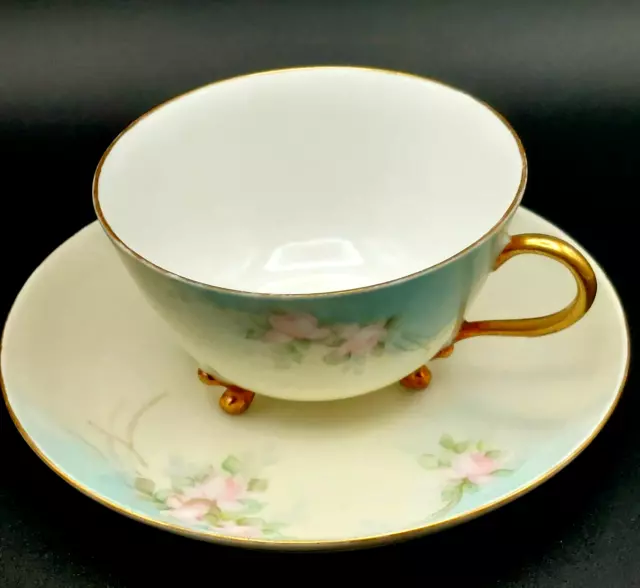 Antique 3-Footed Teacup & Saucer W.G. & Co Limoges, France Hand Painted & Signed