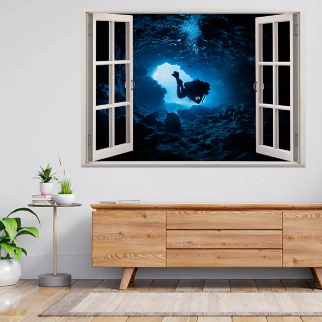 Adesivo da parete poster decalcomania poster subacquea grotta sottomarina 3D vista finestra A428