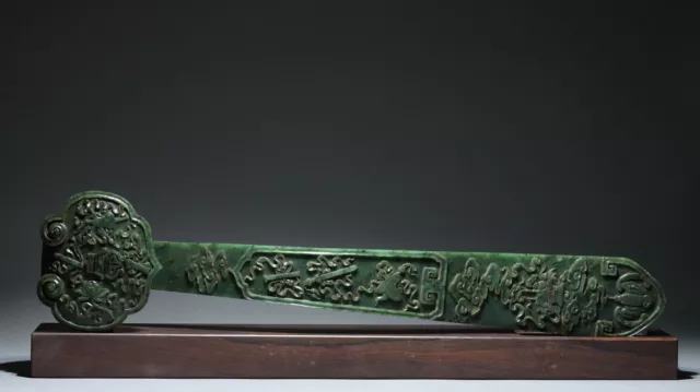 Chinese Exquisite Handmade Eight Treasures carving Green Hetian Jade Ruyi Statue