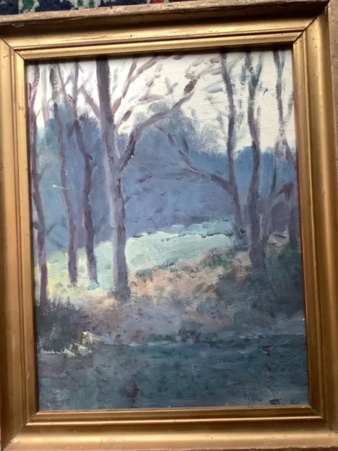 Small antique impressionist oil painting landscape river trees framed