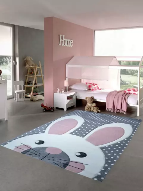Kinderteppich Spielteppich Teppich Kinderzimmer Babyteppich Hase in Creme Grau .