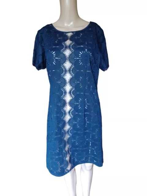 Trina Turk Womens Short Sleeve Dress Blue Crochet Knee Length Sheath Size 6 3