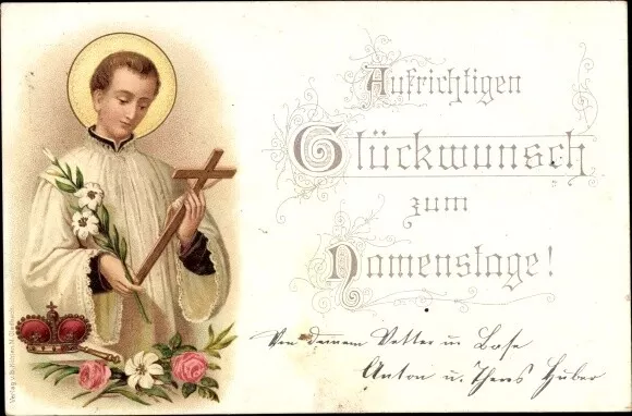 Litho Glückwunsch Namenstag, Priester mit Kreuz, Lilie - 3462437