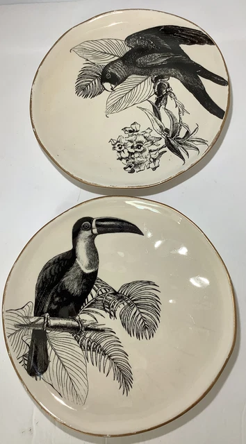 vintage ceramic 8” plates (2) Parrot And Toucan Birds Black And Off White