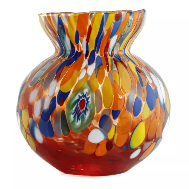 Murano Vase en Verre Ou Bougeoir Rouge Orange Multi Main Fabriqué Millefiori