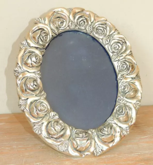 VINTAGE SILVER METAL Oval Picture Frame Floral Roses Ornate 5 1/2" X 4" Photo