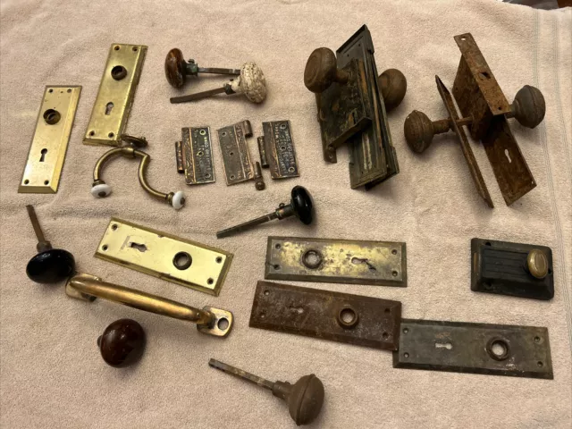 Antique Victorian Vintage Lot of Door Hardware Plates Porcelain Knobs Brass ETC