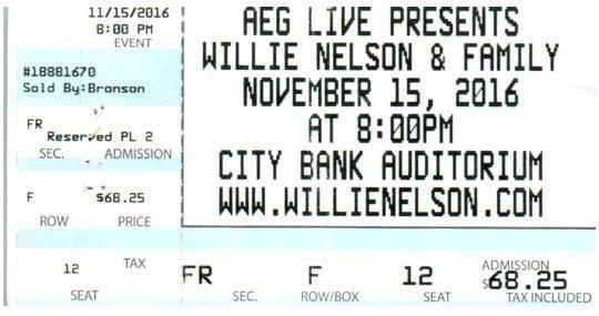 Willie Nelson & Family Ticket Stub November 15 2016 Lubbock Texas