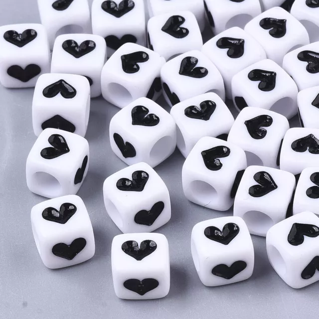 200x Cube Opaque Acrylic Large Hole Beads With Black Heart Pony Loose Spacer 6mm