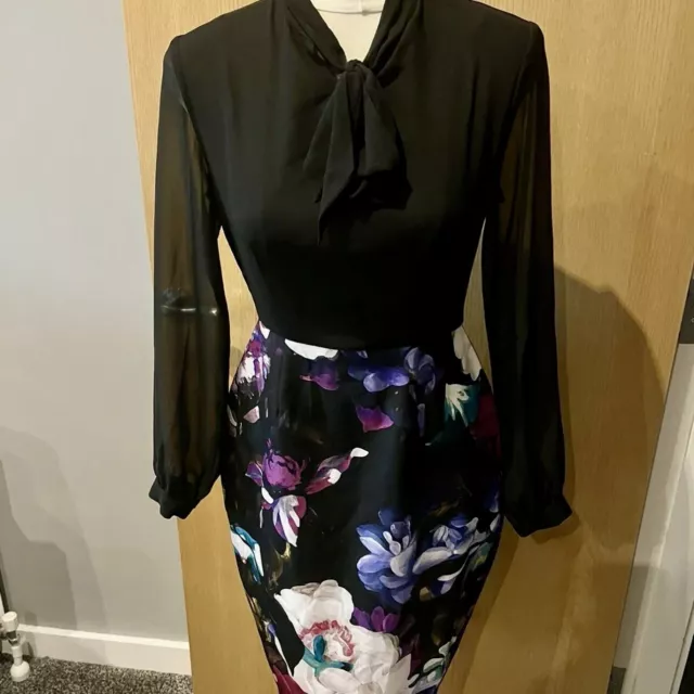 Paper Dolls Printed Pencil Dress Tie Neck Womens Sz 12 Black Purple Floral